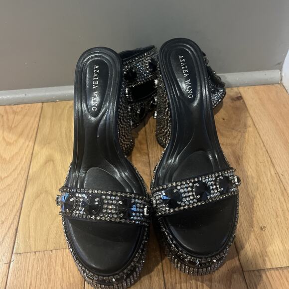 Azalea Wang Silver Bayou Black Embellished Platform Ankle Strap Sandals Size 6 - Picture 6 of 8